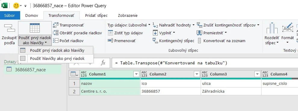 Pripojenie z Excelu k Valida REST API - 1 firma: krok 8