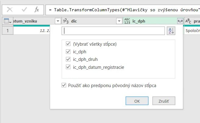 Pripojenie z Excelu k Valida REST API - 1 firma: krok 9.2