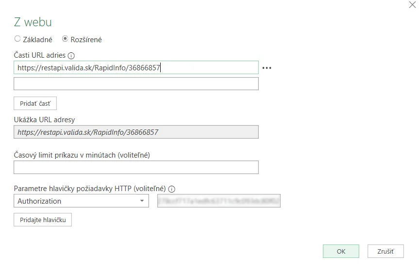 Pripojenie z Excelu k Valida REST API - 1 firma: krok 2