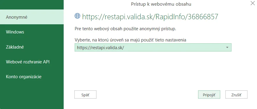 Pripojenie z Excelu k Valida REST API - 1 firma: krok 3