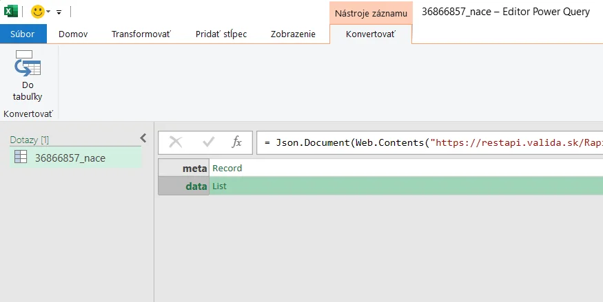 Pripojenie z Excelu k Valida REST API - 1 firma: krok 4.1