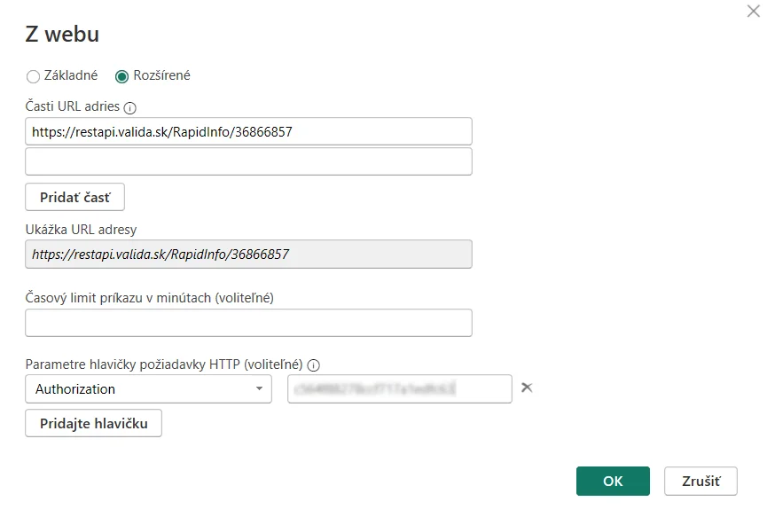 Pripojenie z PowerBI k Valida REST API - 1 firma: krok 2