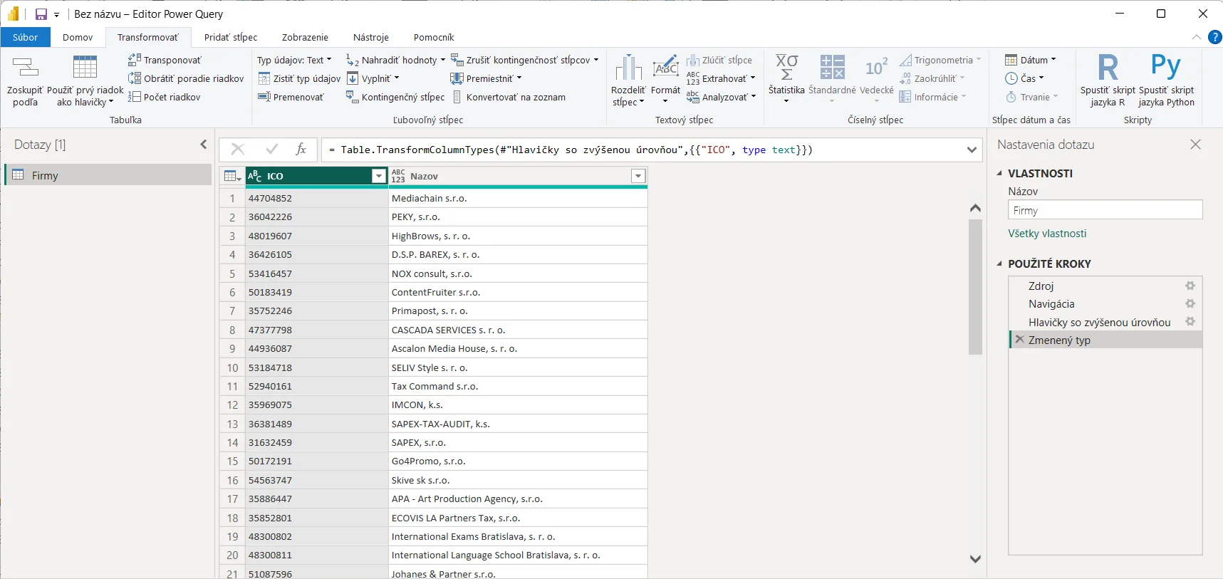 Pripojenie z PowerBI k Valida REST API - viac firiem: krok 2