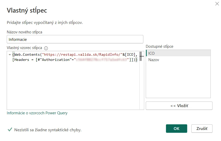 Pripojenie z PowerBI k Valida REST API - viac firiem: krok 3