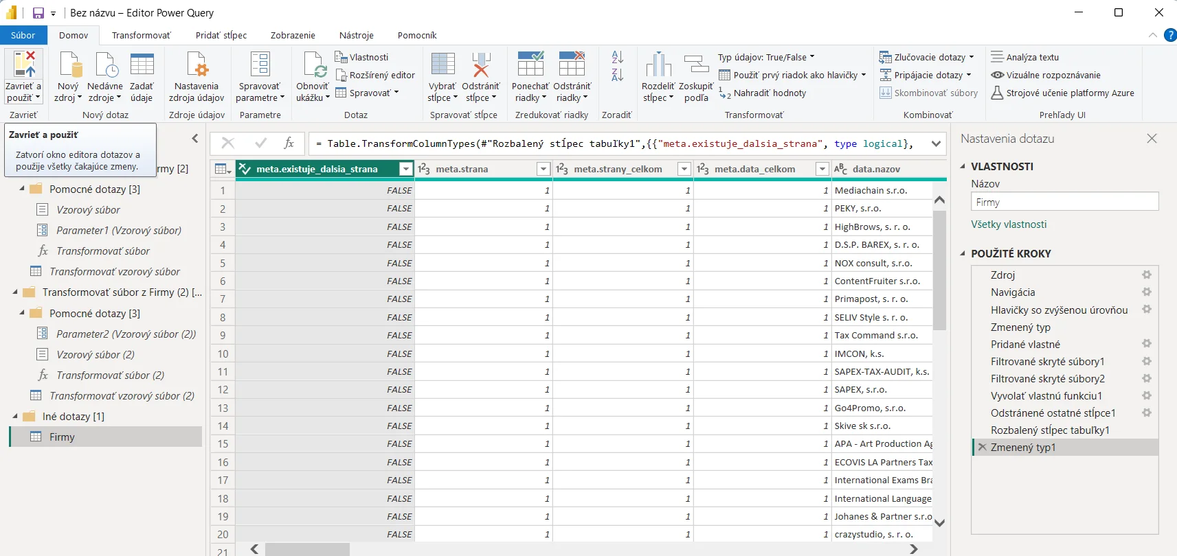 Pripojenie z PowerBI k Valida REST API - viac firiem: krok 5