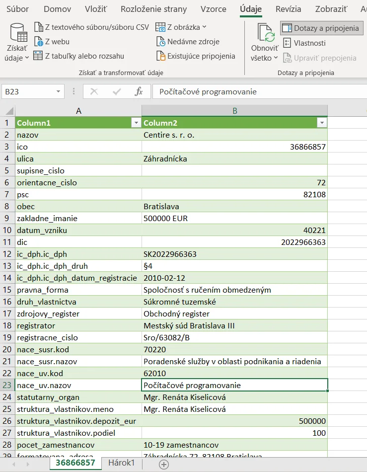 Pripojenie z Excelu k Valida REST API - 1 firma: krok 12