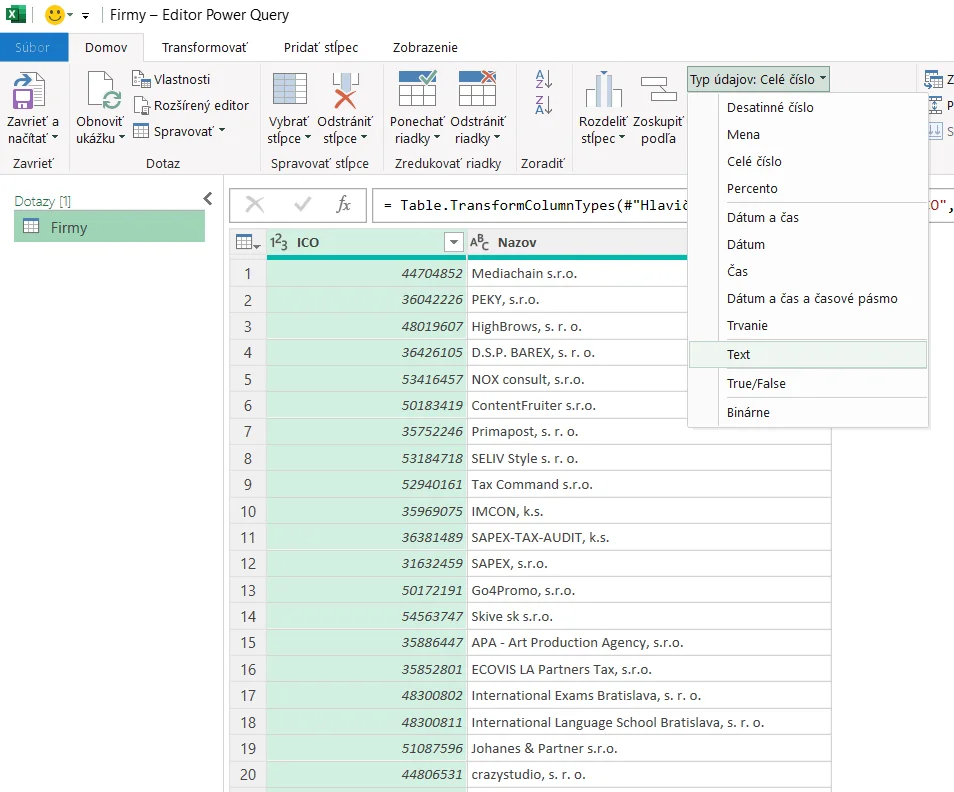 Pripojenie z Excelu k Valida REST API - 2 firma: krok 4