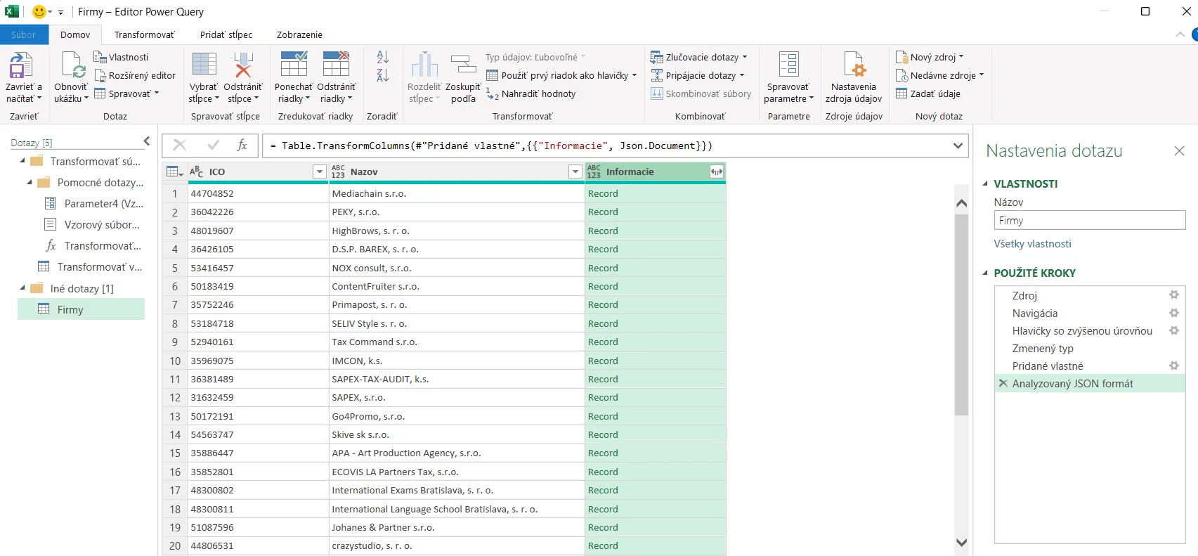 Pripojenie z Excelu k Valida REST API - 2 firma: krok 7