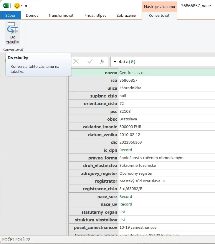 Pripojenie z Excelu k Valida REST API - 1 firma: krok 4.3