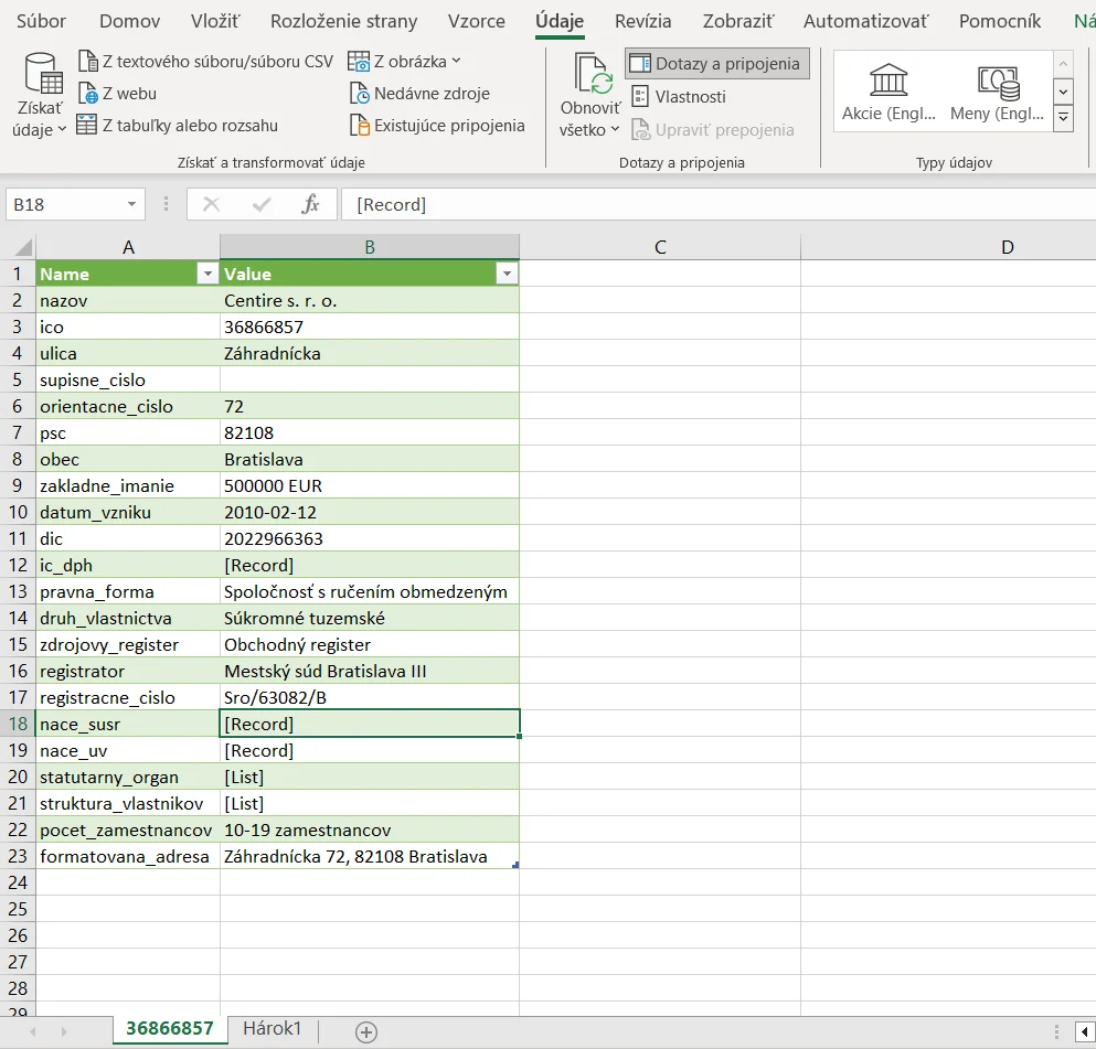 Pripojenie z Excelu k Valida REST API - 1 firma: krok 5